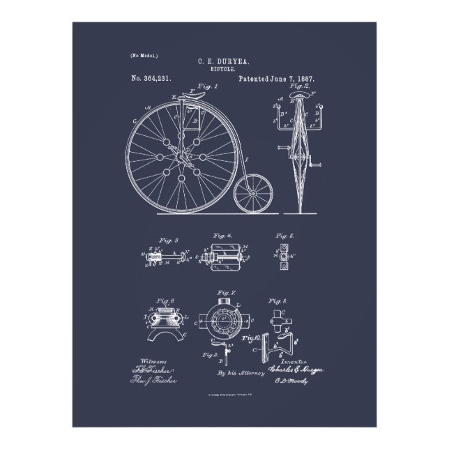 Antique Bicycle 1887 Penny Farthing Patent Drawing Photo Print (Front)