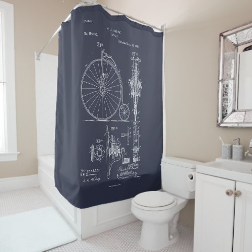 Antique Bicycle 1887 Penny Farthing Patent Drawing Shower Curtain