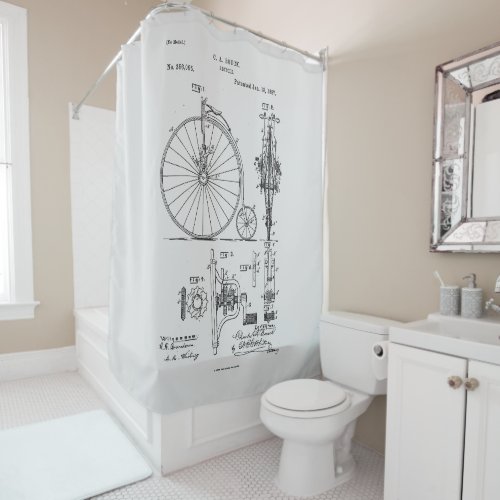 Antique Bicycle 1887 Penny Farthing Patent Drawing Shower Curtain