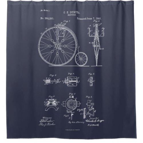 Antique Bicycle 1887 Penny Farthing Patent Drawing Shower Curtain