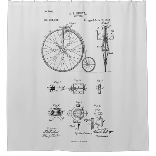 Antique Bicycle 1887 Penny Farthing Patent Drawing Shower Curtain