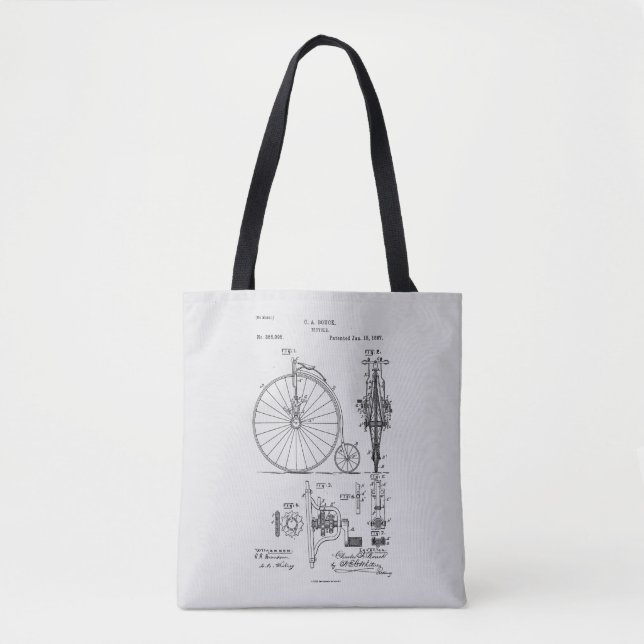 Antique Bicycle 1887 Penny Farthing Patent Drawing Tote Bag (Front)