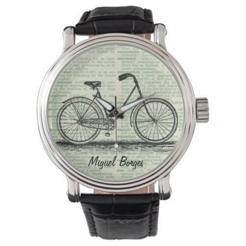 Antique Bicycle Vintage Book Page Art Green Custom Watch