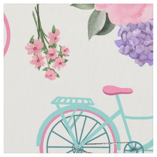 Antique Bicycles with Flowers in Basket Customize Fabric (Close Up)