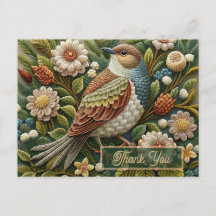 Antique Bird in Forest Embroidered Look Thank You