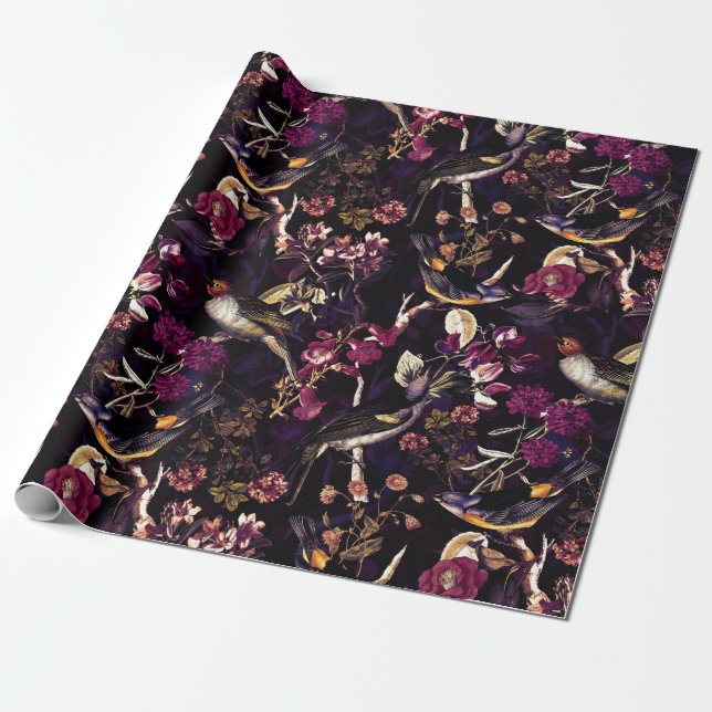 Antique Birds and Flowers Pattern on purple Wrapping Paper (Unrolled)