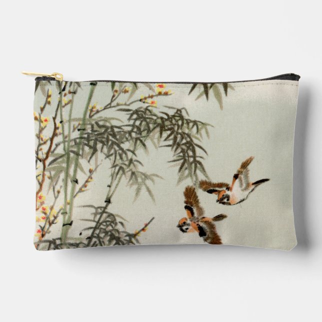 Antique Birds Asian Garden Bamboo Sparrows Accessory Pouch (Front)