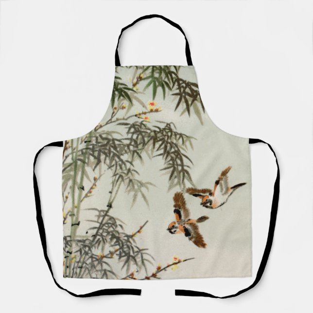 Antique Birds Asian Garden Bamboo Sparrows Apron (Front)