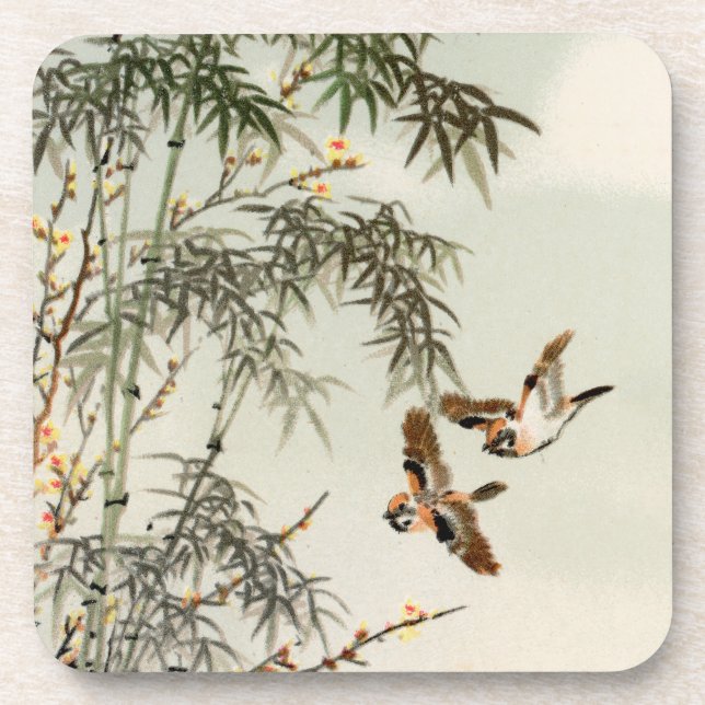 Antique Birds Asian Garden Bamboo Sparrows Beverage Coaster (Front)