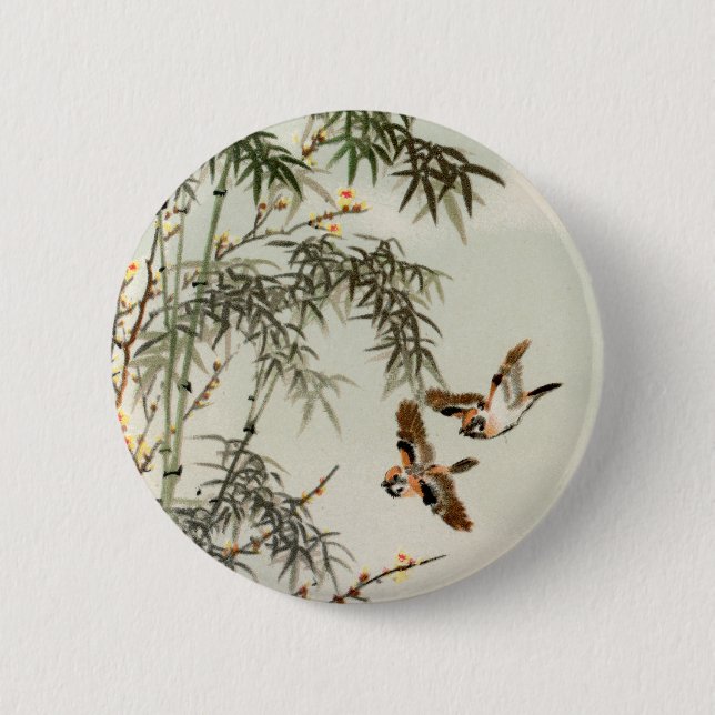 Antique Birds Asian Garden Bamboo Sparrows Button (Front)