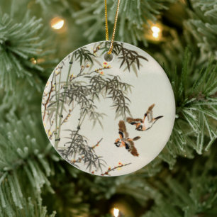 Antique Birds Asian Garden Bamboo Sparrows Ceramic Ornament