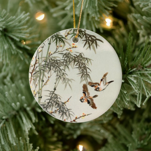Antique Birds Asian Garden Bamboo Sparrows Ceramic Ornament (Tree)