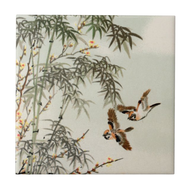 Antique Birds Asian Garden Bamboo Sparrows Ceramic Tile (Front)