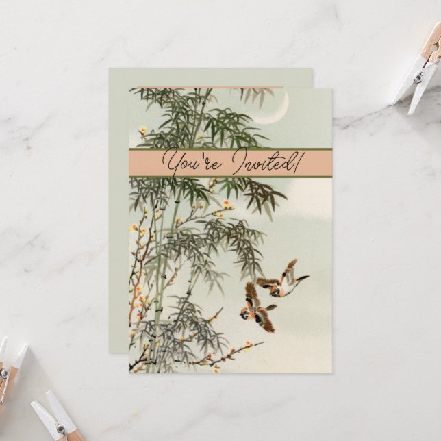 Antique Birds Asian Garden Bamboo Sparrows Invitation (Front/Back In Situ)