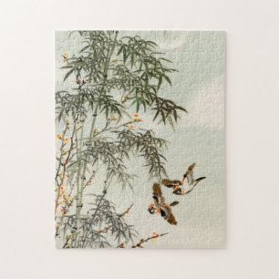 Antique Birds Asian Garden Bamboo Sparrows Jigsaw Puzzle