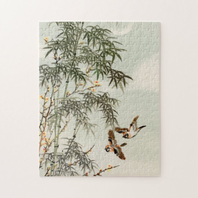 Antique Birds Asian Garden Bamboo Sparrows Jigsaw Puzzle (Vertical)