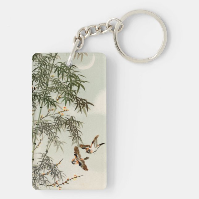 Antique Birds Asian Garden Bamboo Sparrows Keychain (Back)