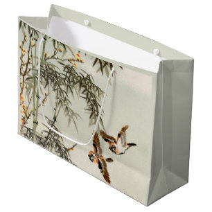 Antique Birds Asian Garden Bamboo Sparrows Large Gift Bag