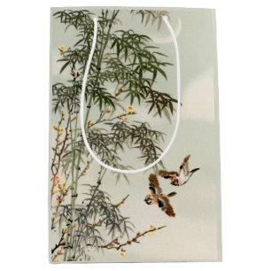 Antique Birds Asian Garden Bamboo Sparrows Medium Gift Bag