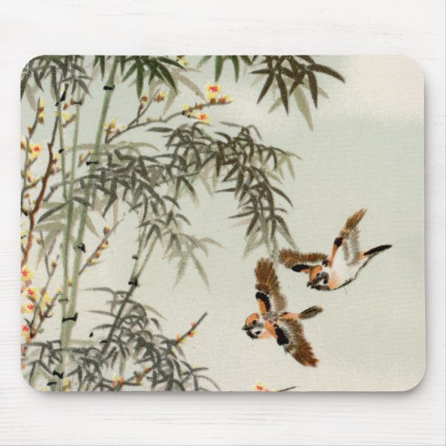 Antique Birds Asian Garden Bamboo Sparrows Mouse Pad (Front)