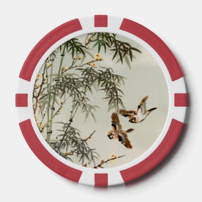Antique Birds Asian Garden Bamboo Sparrows Poker Chips (Front)
