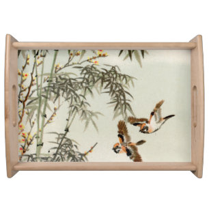 Antique Birds Asian Garden Bamboo Sparrows Serving Tray