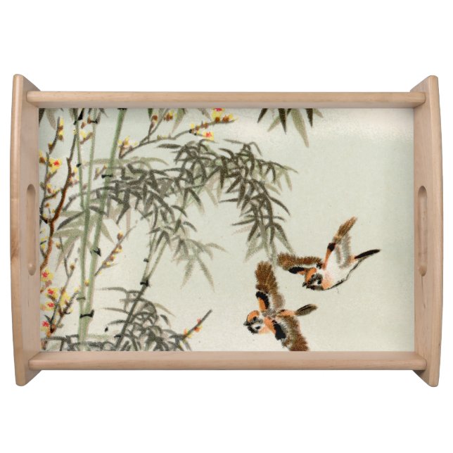 Antique Birds Asian Garden Bamboo Sparrows Serving Tray (Front)