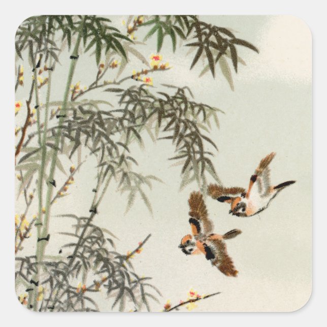 Antique Birds Asian Garden Bamboo Sparrows Square Sticker (Front)
