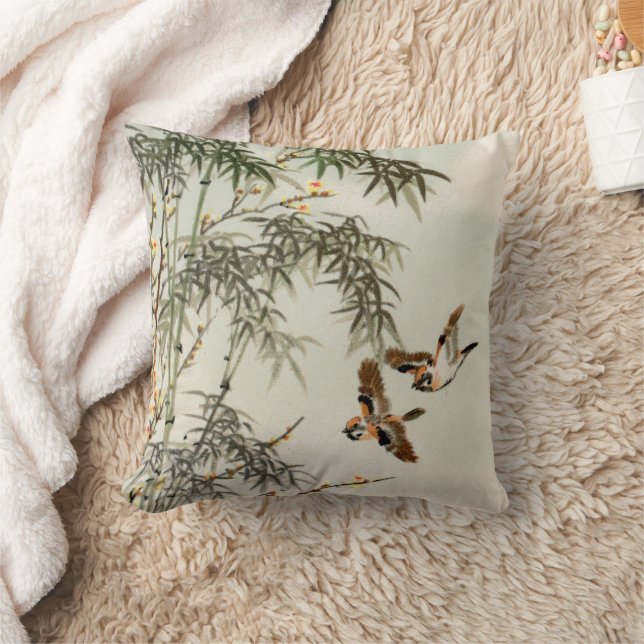 Antique Birds Asian Garden Bamboo Sparrows Throw Pillow (Blanket)