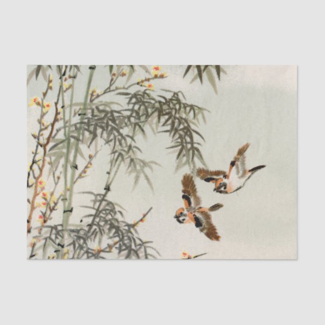 Antique Birds Asian Garden Bamboo Sparrows Tissue Paper (Front)