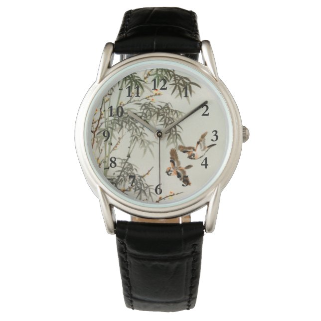 Antique Birds Asian Garden Bamboo Sparrows Watch (Front)