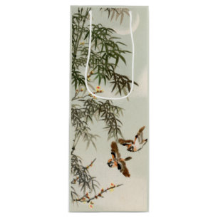 Antique Birds Asian Garden Bamboo Sparrows Wine Gift Bag