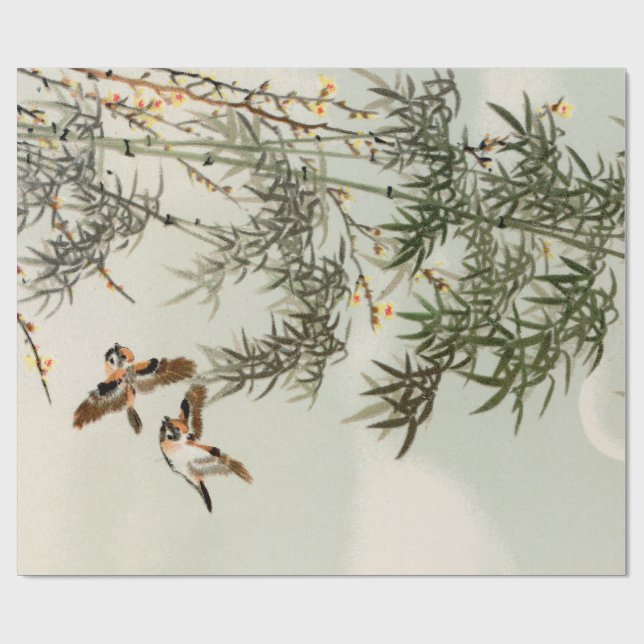 Antique Birds Asian Garden Bamboo Sparrows Wrapping Paper (Flat)