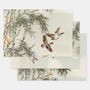 Antique Birds Asian Garden Bamboo Sparrows Wrapping Paper Sheets