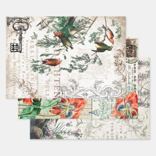 ANTIQUE BIRDS HEAVY WEIGHT DECOUPAGE PRINTS WRAPPING PAPER SHEETS