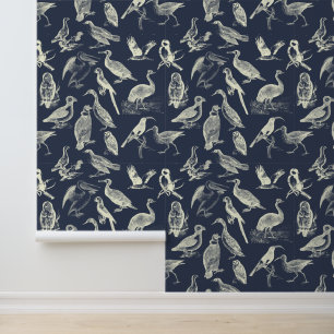 Antique Birds Illustrations Engravings Cream Navy Wallpaper