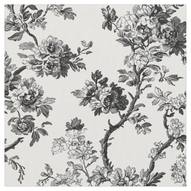 Antique Black Floral Toile Pattern Fabric (Close Up)