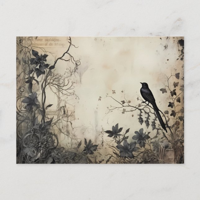 Antique Black Flowers Creepy Black Bird Halloween Holiday Postcard (Front)