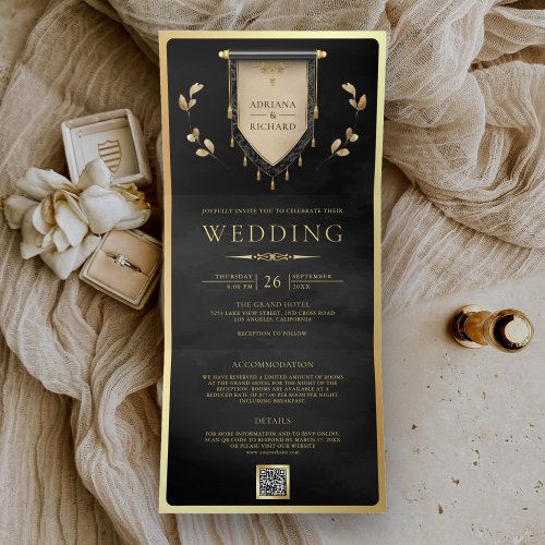 Antique Black Gold Scroll Medieval Wedding Tri_Fold Invitation