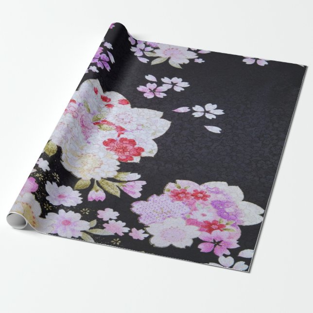 Antique Black Japanese Kimono Floral Decoupage  Wrapping Paper (Unrolled)