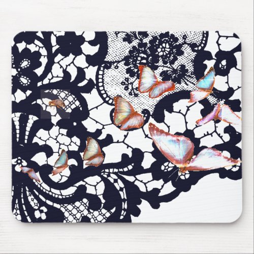 ANTIQUE BLACK LACE PATTERN BUTTERFLY MOUSE PAD
