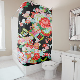 Antique Black Red Japanese Kimono Floral Flower Shower Curtain