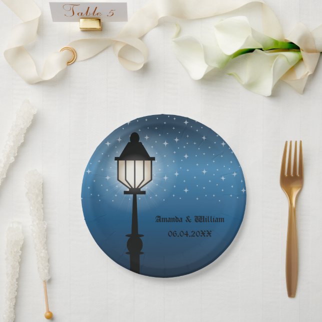 Antique Black Street Lamp At Night & Names Wedding Paper Plates (Wedding)