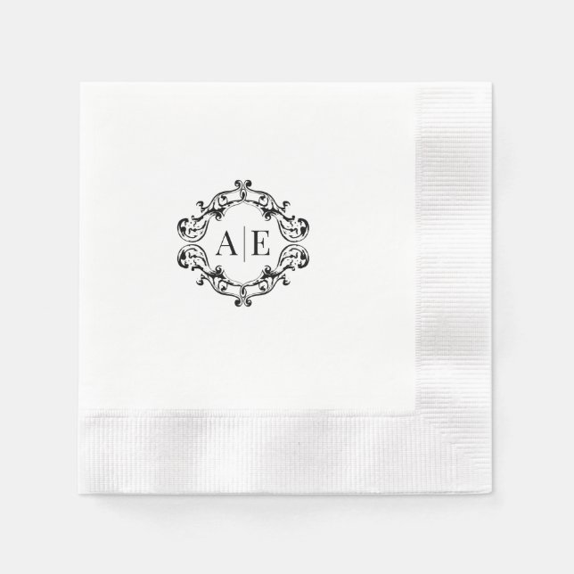 Antique Black & White Crest Monogram Wedding Napkins (Front)