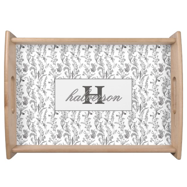 Antique Black White Floral Pattern Monogram Name Serving Tray (Front)