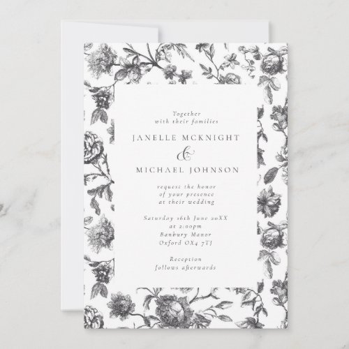 Antique Black  White Floral Toile Wedding  Invitation