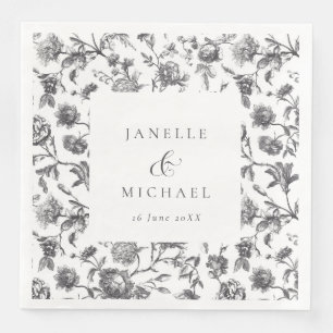 Antique Black & White Floral Toile Wedding  Paper Dinner Napkins