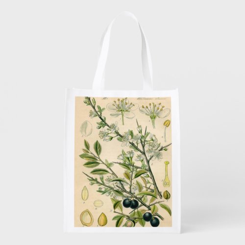 Antique Blackthorn Botanical Print Flower Berry Reusable Grocery Bag