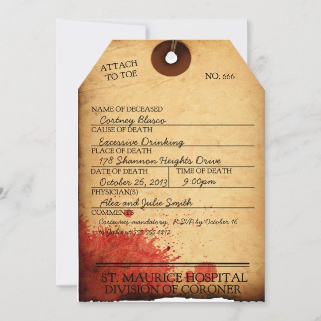 ANTIQUE BLOODY TOE TAG HALLOWEEN INVITATION (Front)