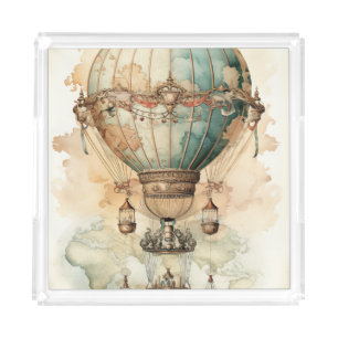 Antique Blue Airship World Map Explorer Acrylic Tray
